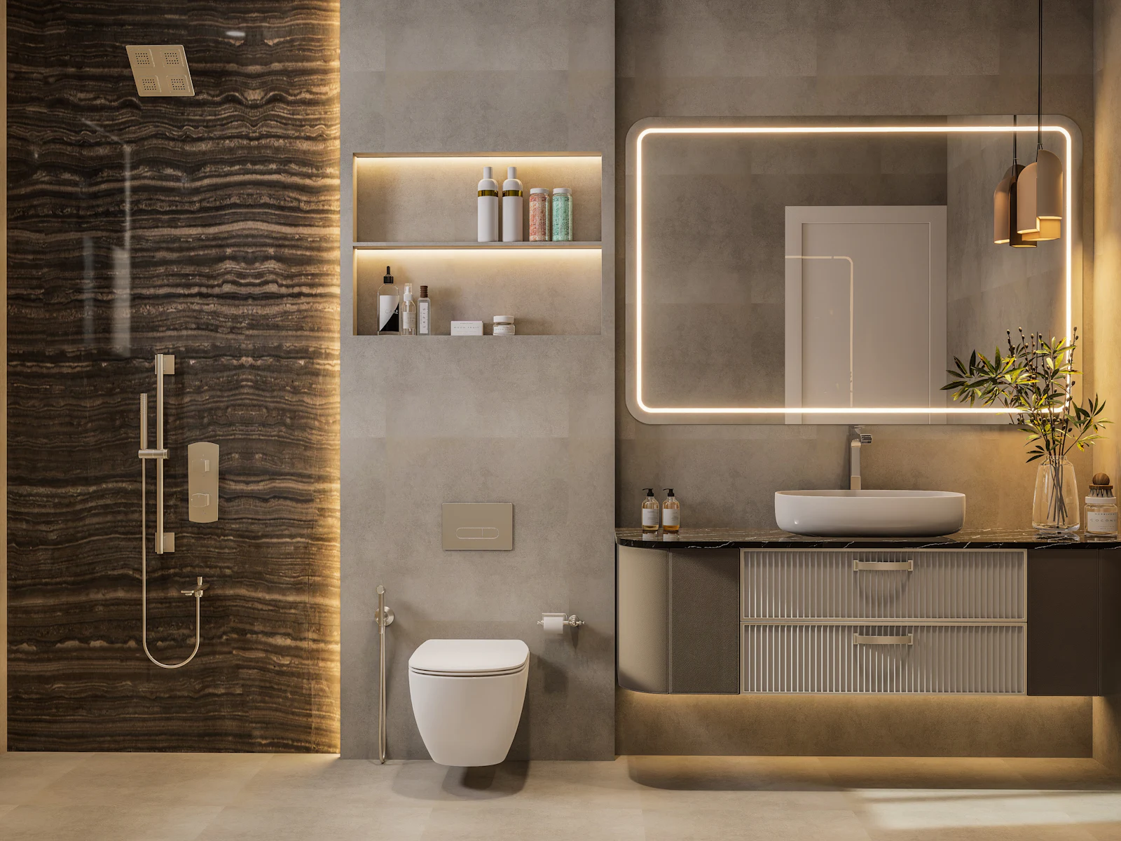 A grey stone bathroom with a dark marble shower wall, lit shelf niche, wall-hung WC, illuminated mirror, pendant lights and a fluted vanity with a vessel basin